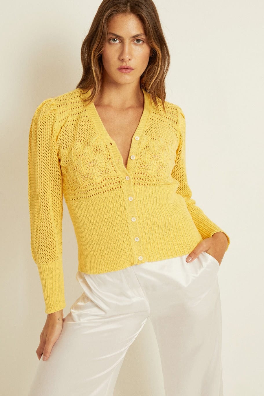 FELLER Sweaters Yellow / XS Jacquie Puff Lace Cardigan